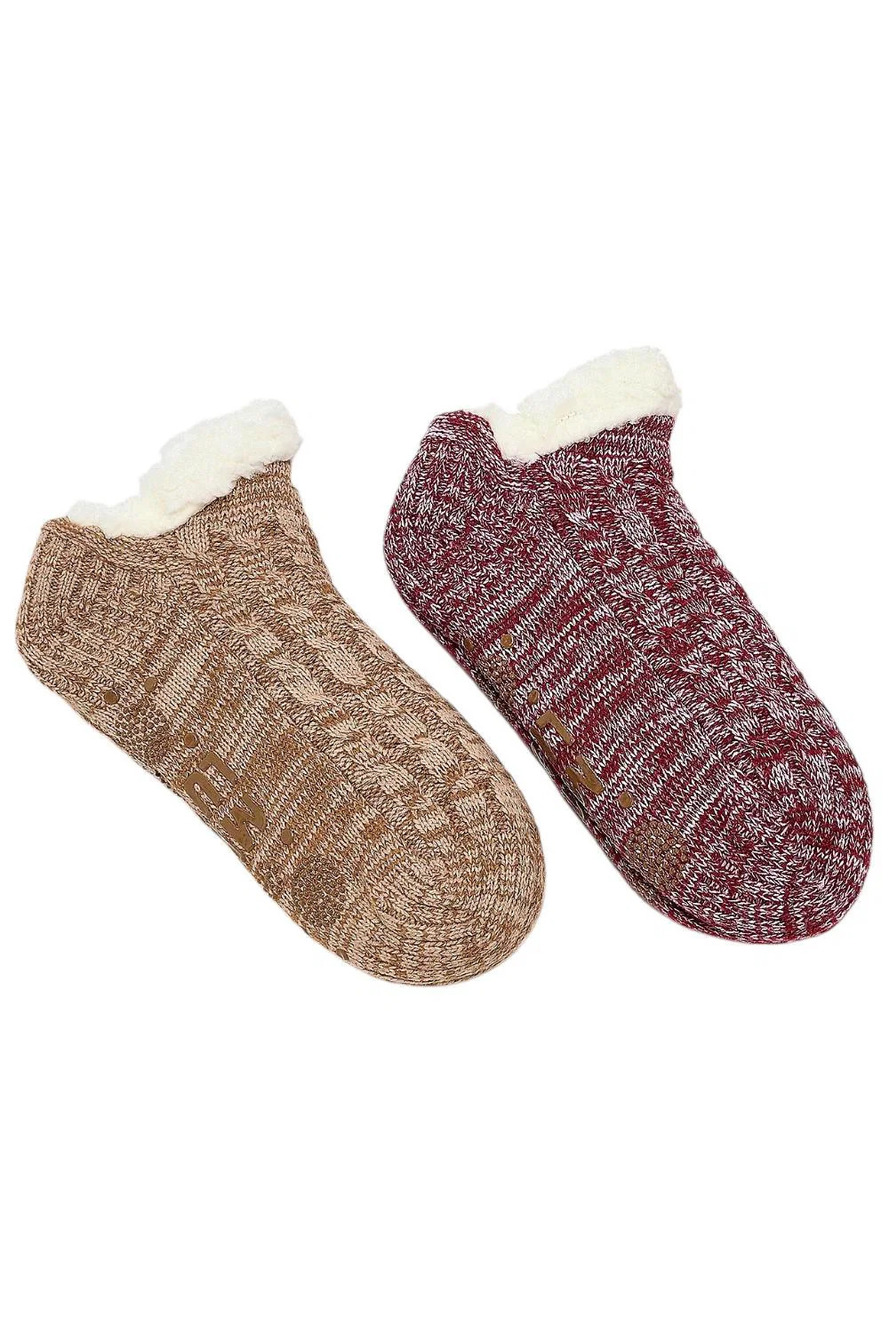 MUK LUKS 2-pack Set Aloe Infused Pieced Shortie Cabin Socks Brgndy/Bge
